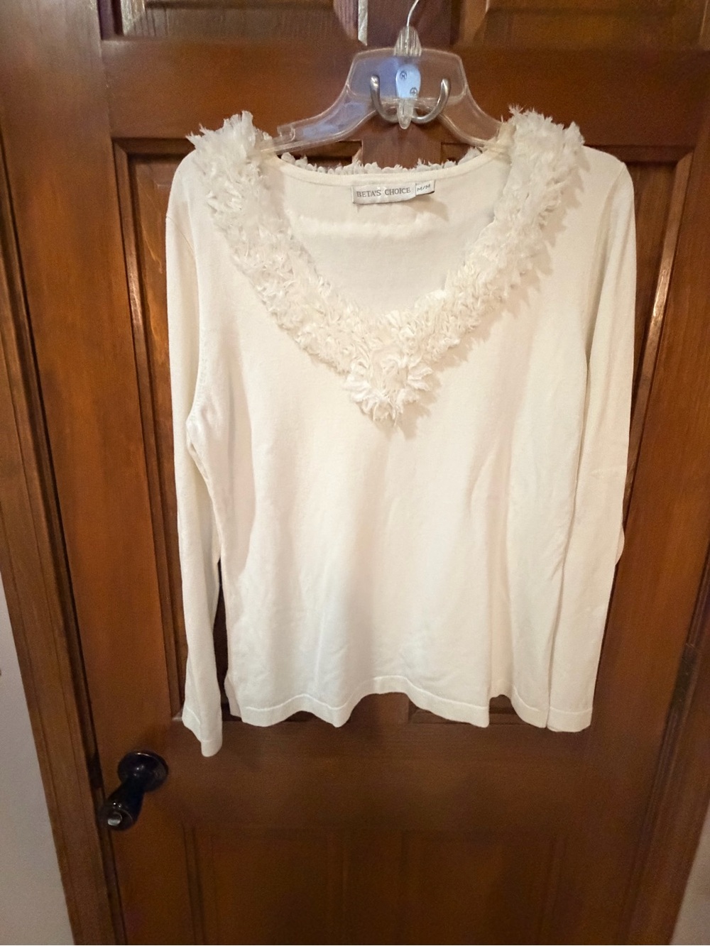 White V-Neck Long Sleeve Top with Floral Trim